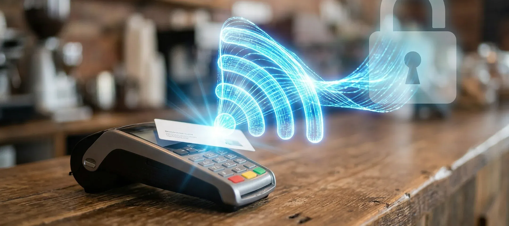 Close-up of a customer tapping a payment card on a retail POS terminal, with a glowing blue digital data stream radiating upward to form a cellular signal wave entering a secure, semi-transparent padlock.