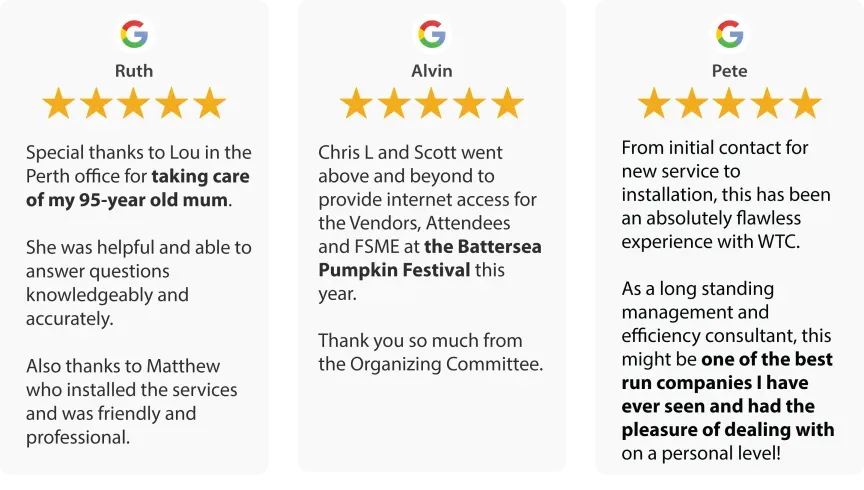 WTC Communications - 5-star Google reviews highlighting excellent customer service and fast local fibre internet, smart home, TV, and phone.