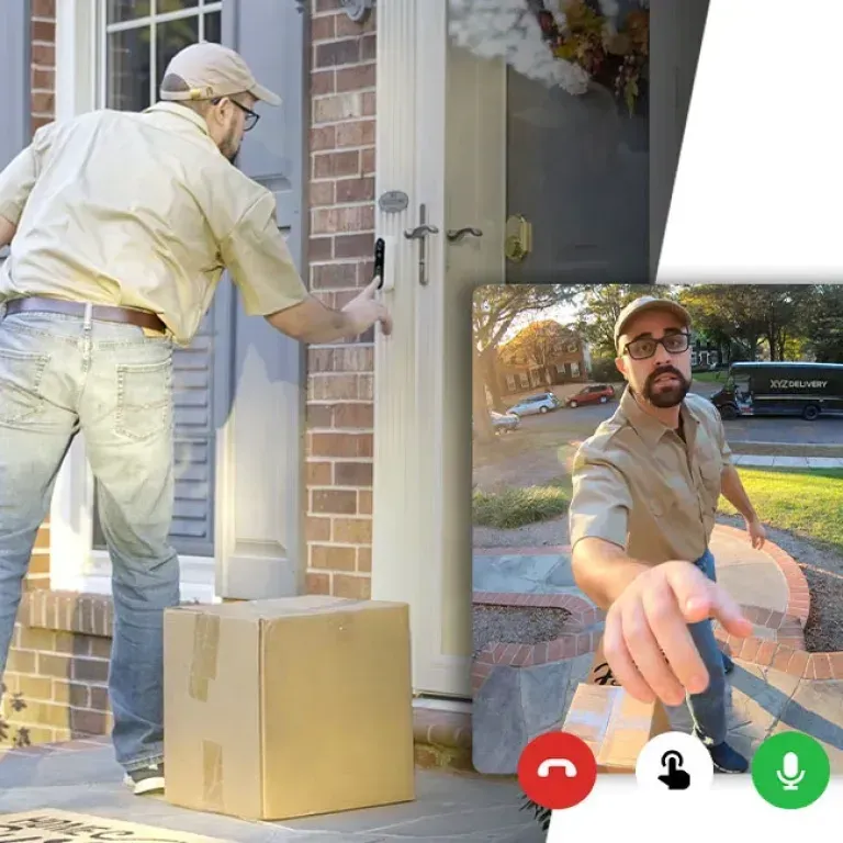 WTC Communications Kingston - Delivery service on doorstep with package and doorbell camera view.